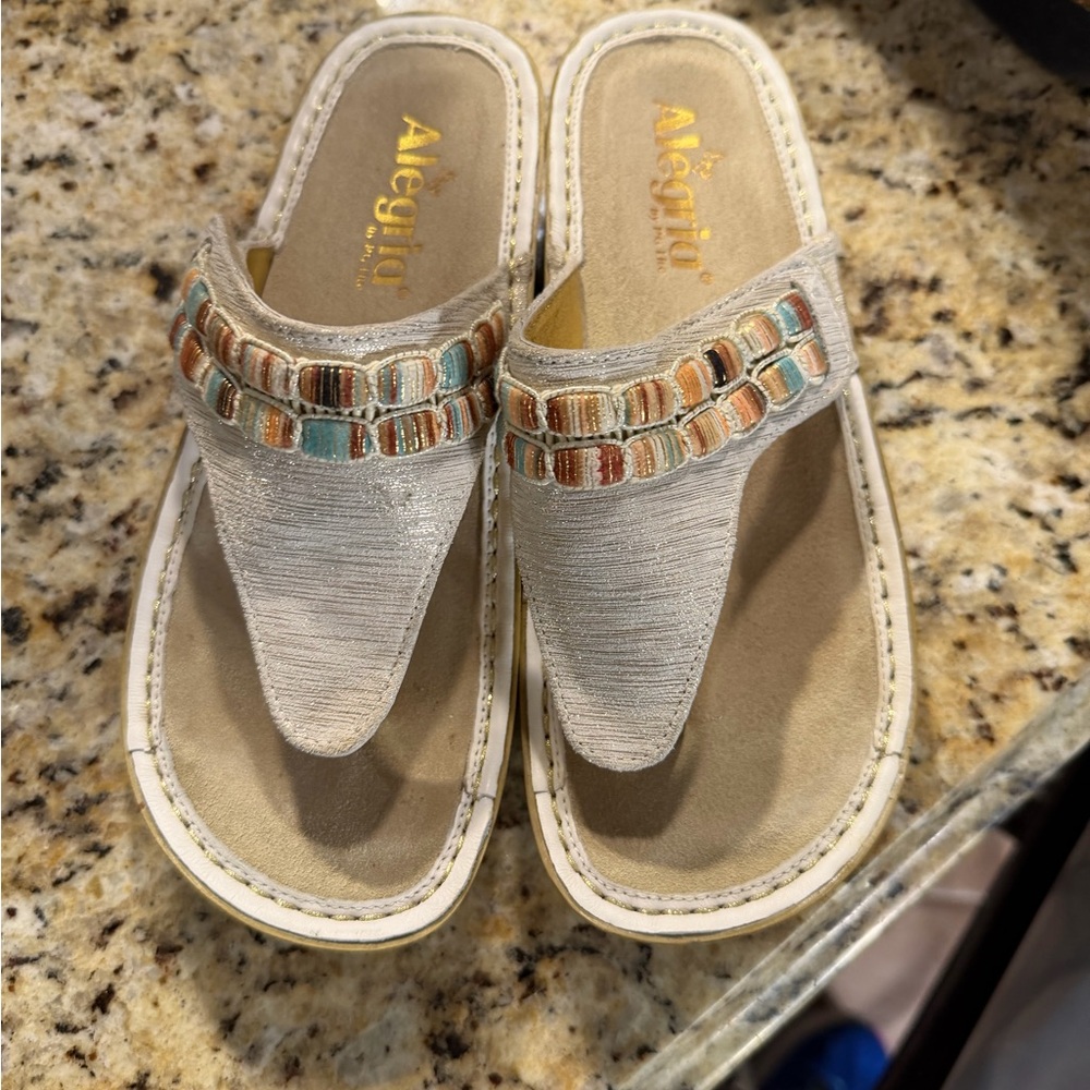 Alegria Women's Beige Sandals with Multicolor Beads